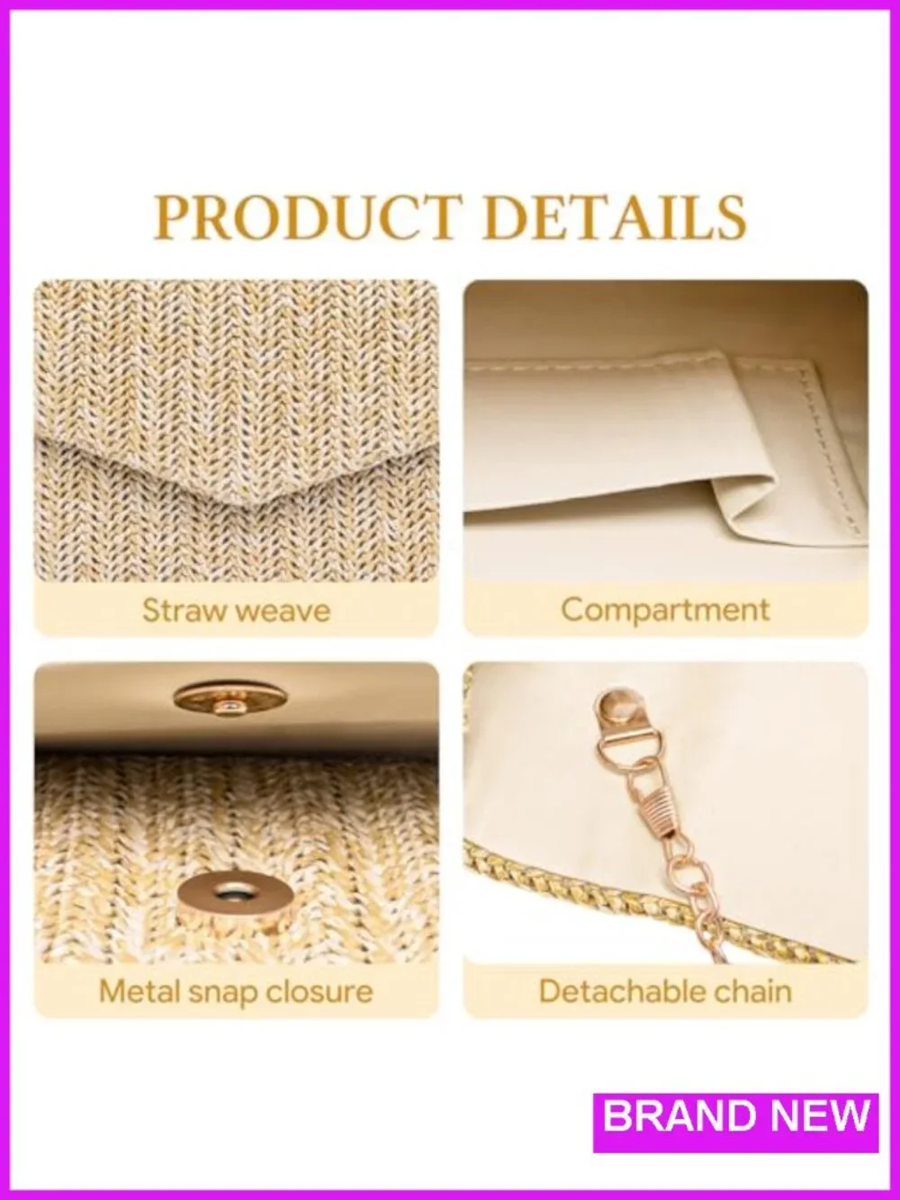 Straw Woven Clutch Purse with Detachable Chain, Bohemian Evening Handbag